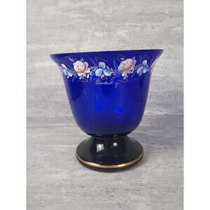 Cobalt Blue Art Glass Pedestal Bowl, Hand Painted, Gilded‎ Candy Dish, Signed